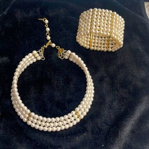 Elegant faux  pearl choker and wide cuff bracelet